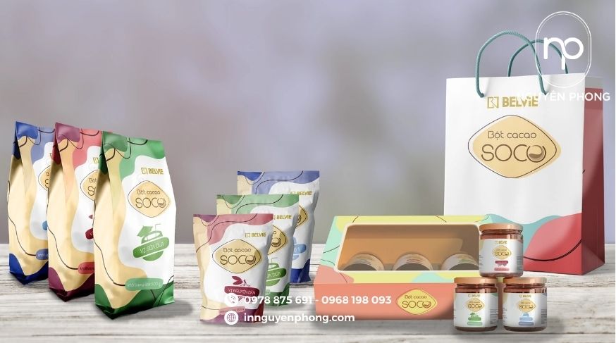 Trọn bộ bao bì kèm theo hộp giấy đựng cacao 
